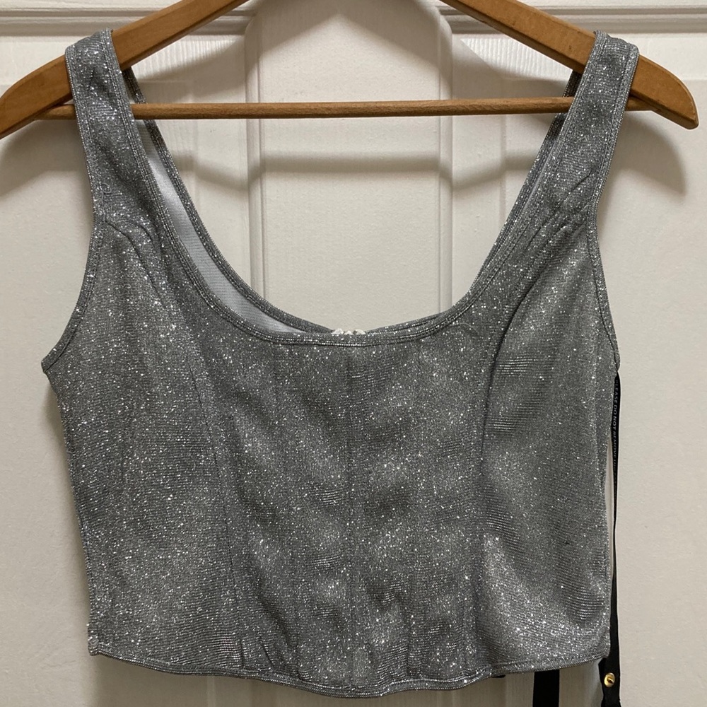 Pretty Little Thing Silver Glitter Curved Hem Corset. Sz 7 - Picture 4 of 7